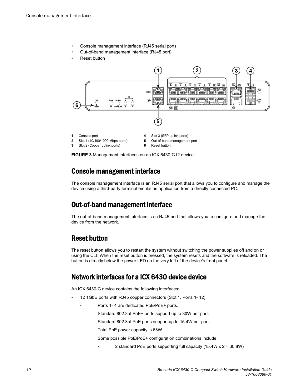 Console management interface, Out-of-band management interface, Reset button | Network interfaces for a icx 6430 device device | Brocade ICX 6430-C Compact Switch Hardware Installation Guide User Manual | Page 12 / 64