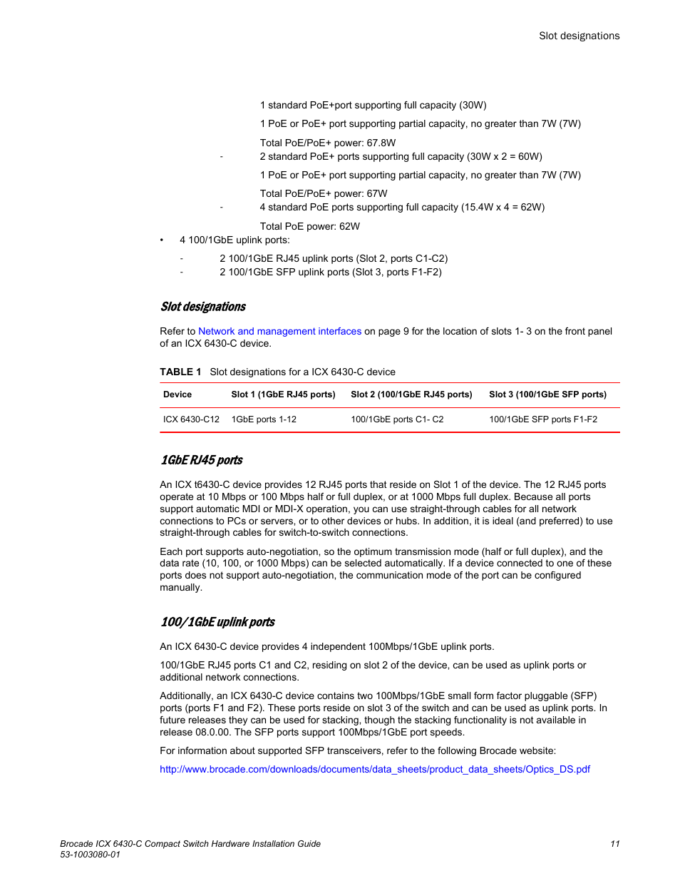 Slot designations, 1gbe rj45 ports, 100/1gbe uplink ports | Brocade ICX 6430-C Compact Switch Hardware Installation Guide User Manual | Page 13 / 64
