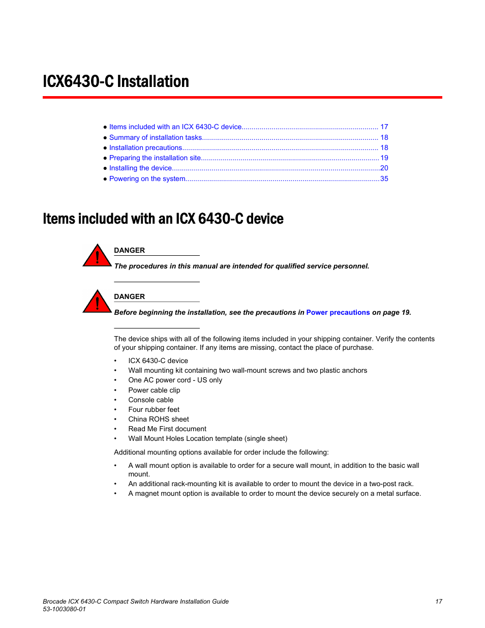Icx6430-c installation, Items included with an icx 6430-c device | Brocade ICX 6430-C Compact Switch Hardware Installation Guide User Manual | Page 19 / 64