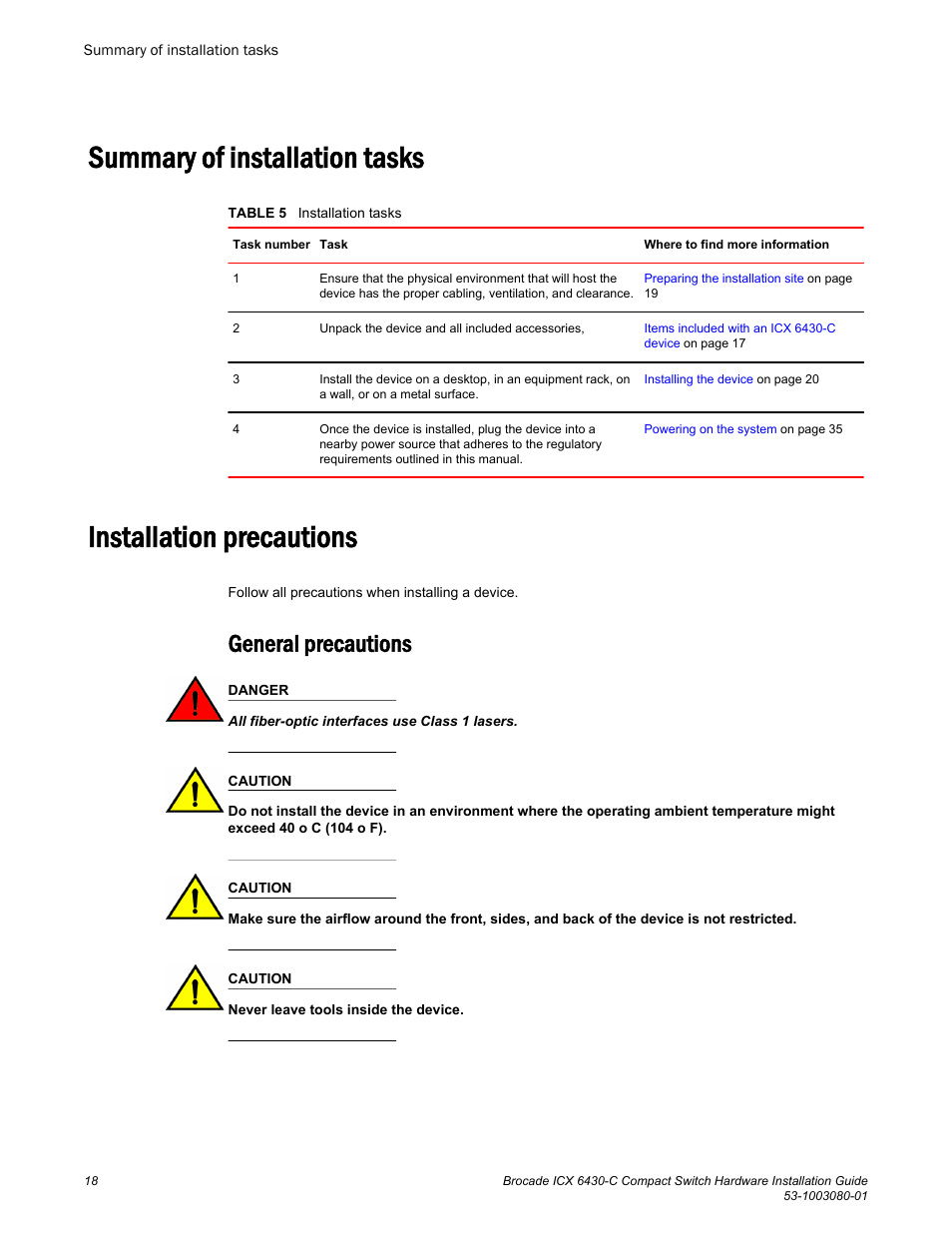 Summary of installation tasks, Installation precautions, General precautions | Brocade ICX 6430-C Compact Switch Hardware Installation Guide User Manual | Page 20 / 64