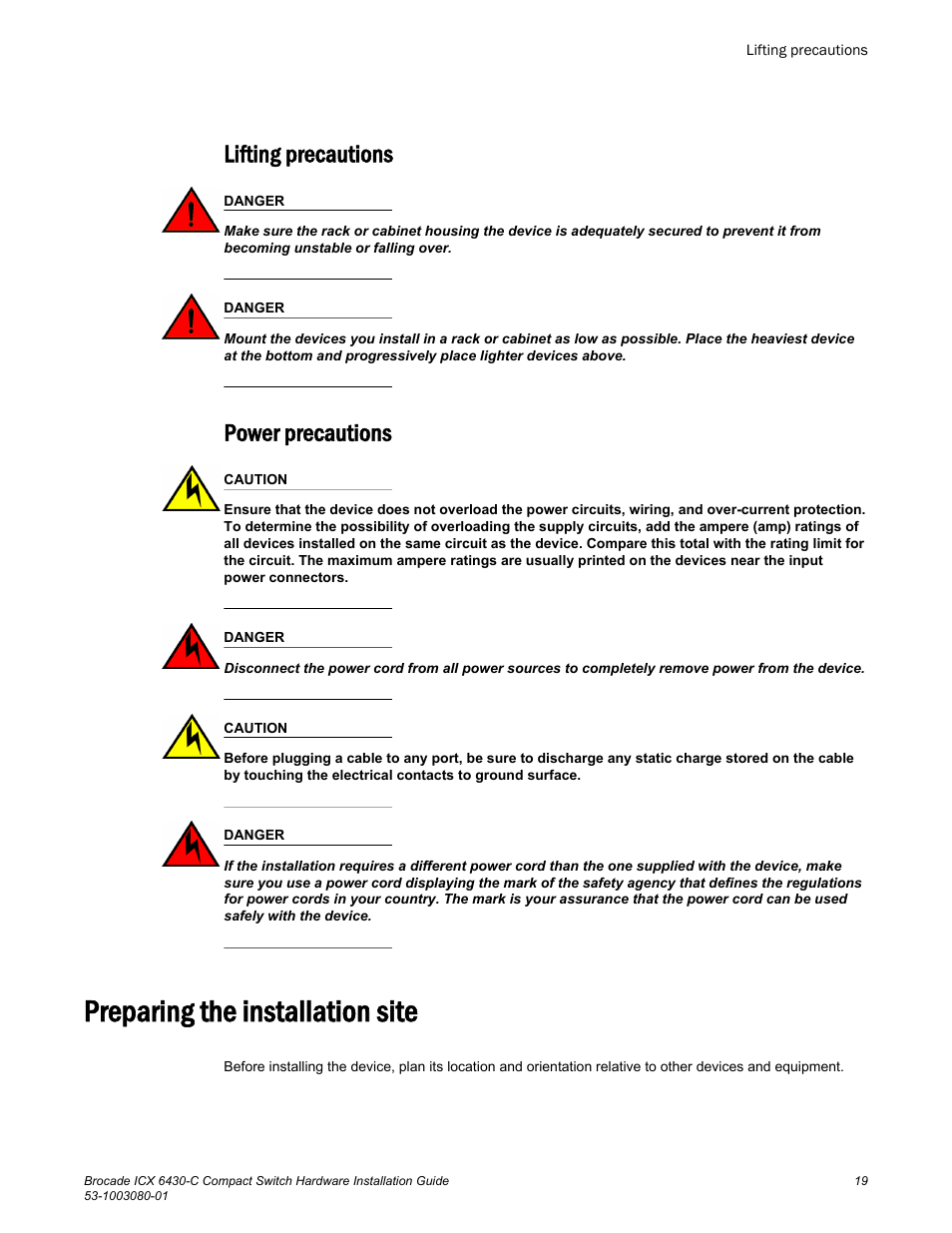 Lifting precautions, Power precautions, Preparing the installation site | Lifting precautions power precautions | Brocade ICX 6430-C Compact Switch Hardware Installation Guide User Manual | Page 21 / 64