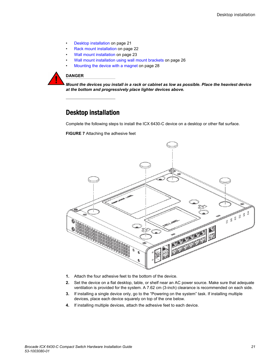 Desktop installation | Brocade ICX 6430-C Compact Switch Hardware Installation Guide User Manual | Page 23 / 64