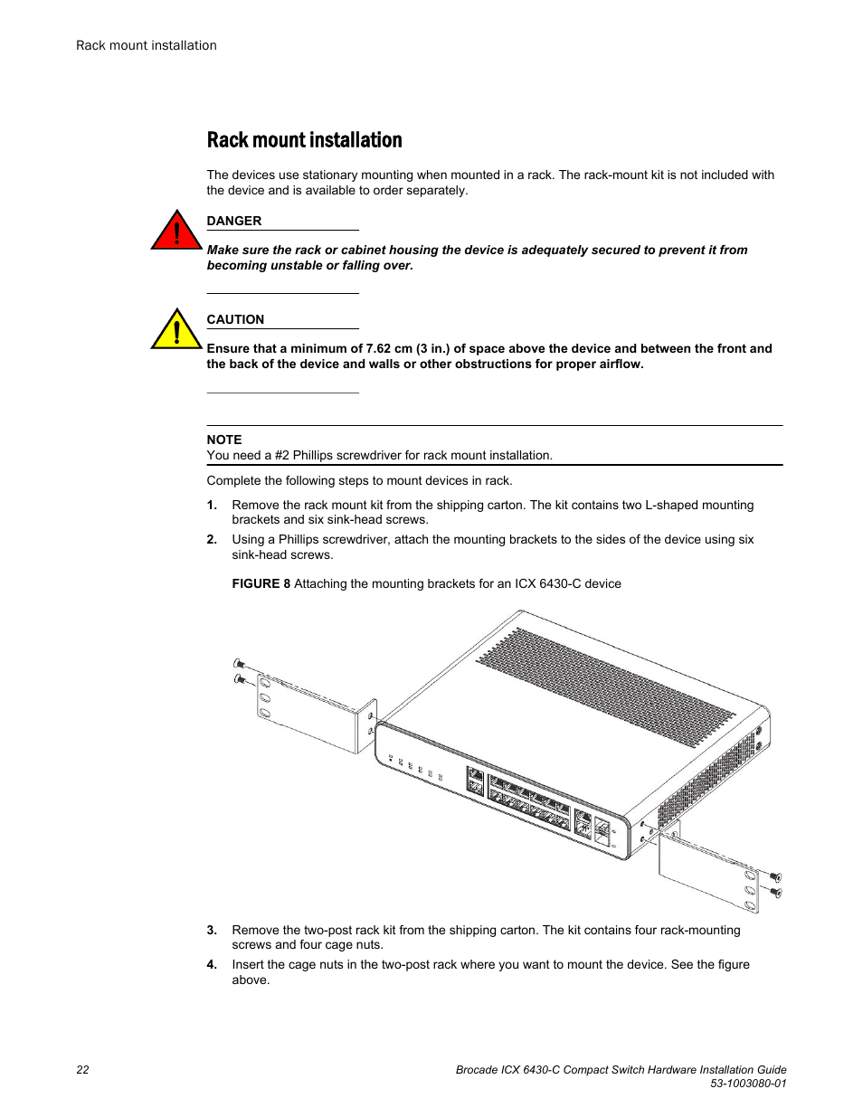 Rack mount installation | Brocade ICX 6430-C Compact Switch Hardware Installation Guide User Manual | Page 24 / 64