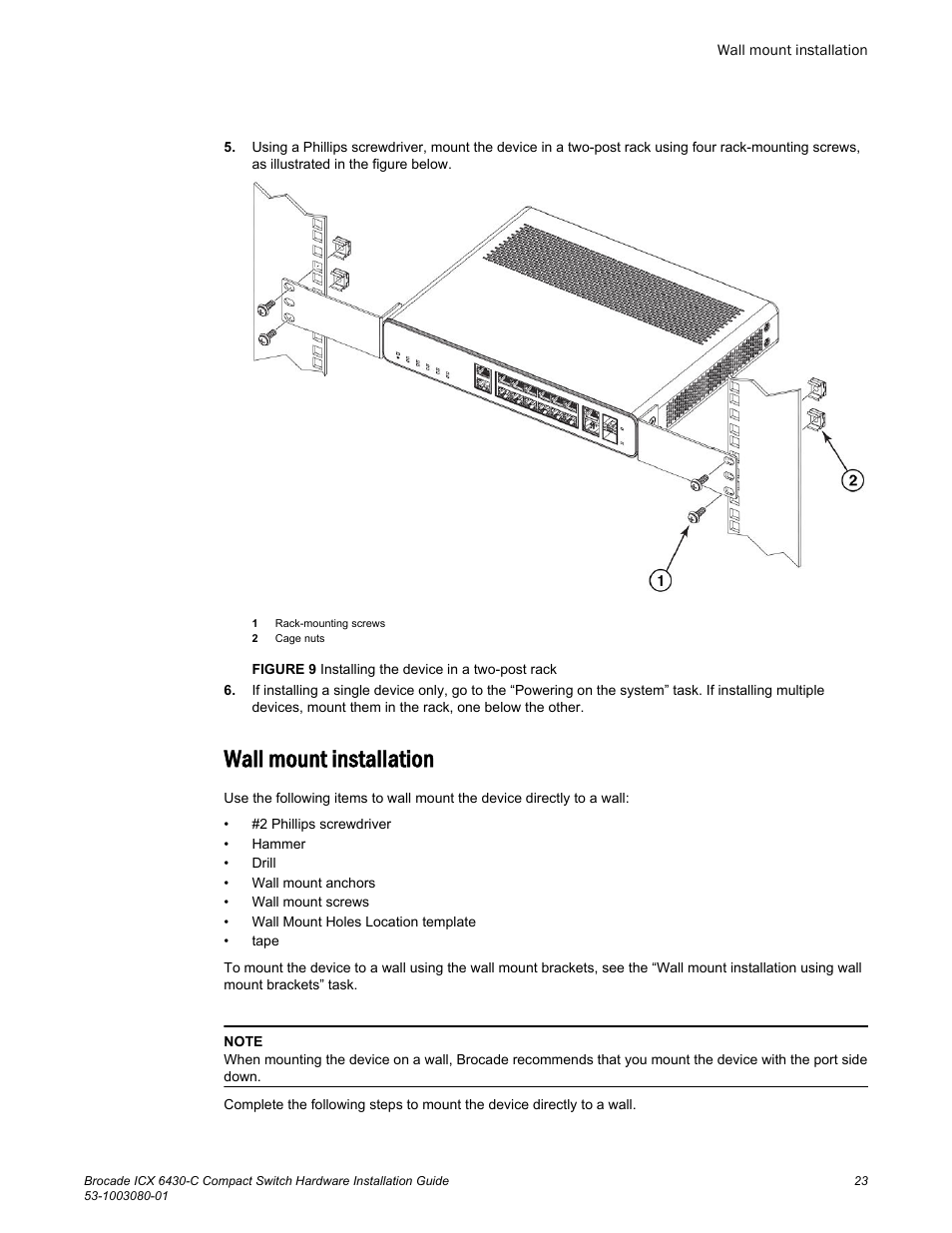 Wall mount installation | Brocade ICX 6430-C Compact Switch Hardware Installation Guide User Manual | Page 25 / 64