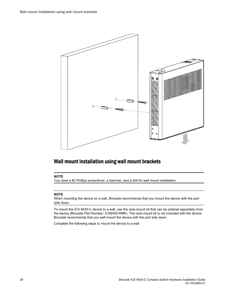 Wall mount installation using wall mount brackets | Brocade ICX 6430-C Compact Switch Hardware Installation Guide User Manual | Page 28 / 64