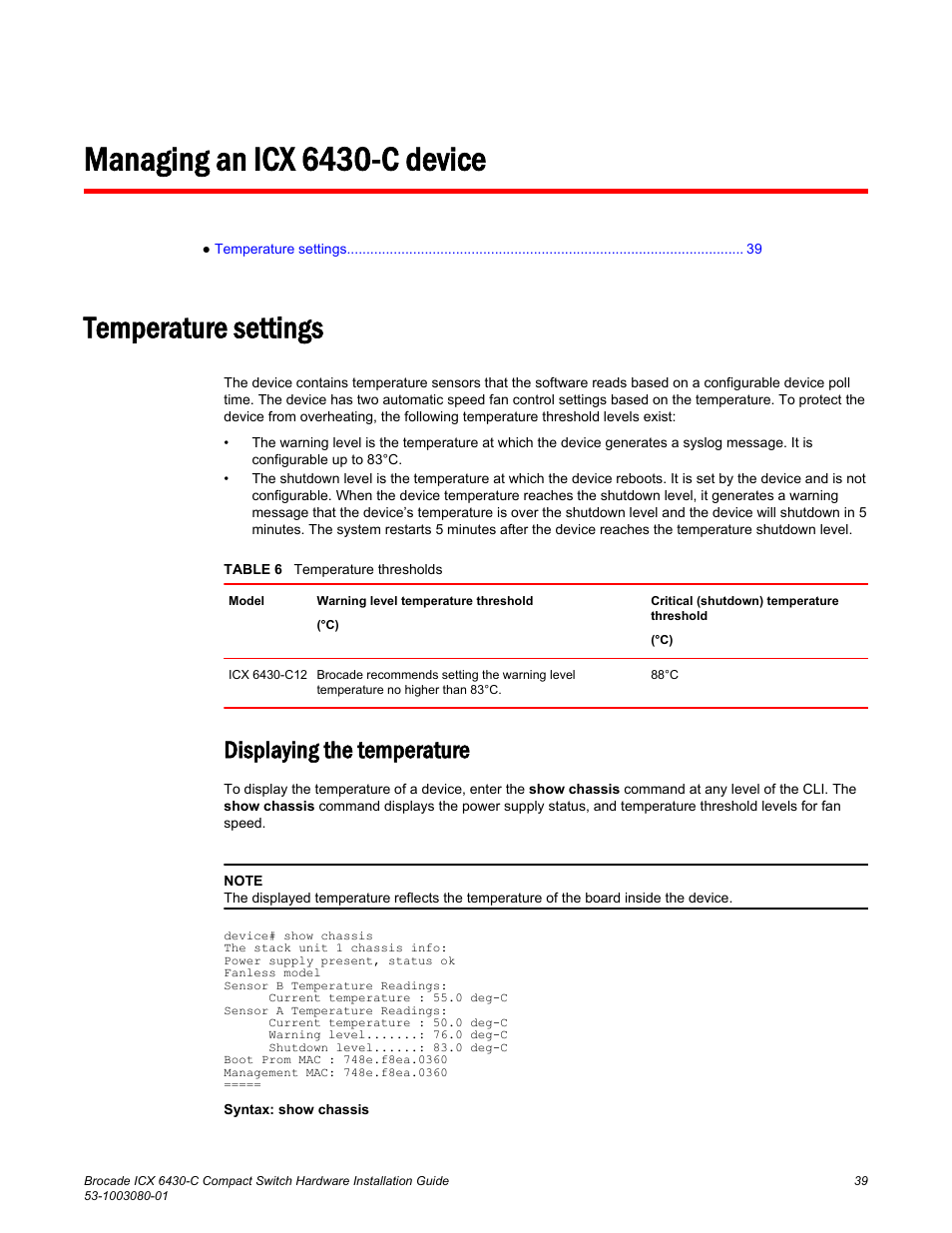Managing an icx 6430-c device, Temperature settings, Displaying the temperature | Brocade ICX 6430-C Compact Switch Hardware Installation Guide User Manual | Page 41 / 64