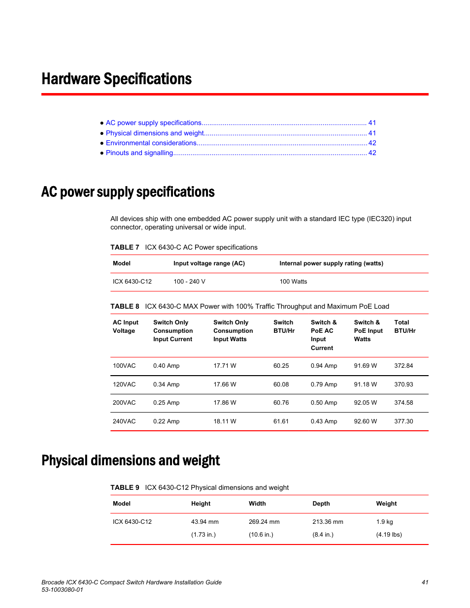 Hardware specifications, Ac power supply specifications, Physical dimensions and weight | Brocade ICX 6430-C Compact Switch Hardware Installation Guide User Manual | Page 43 / 64