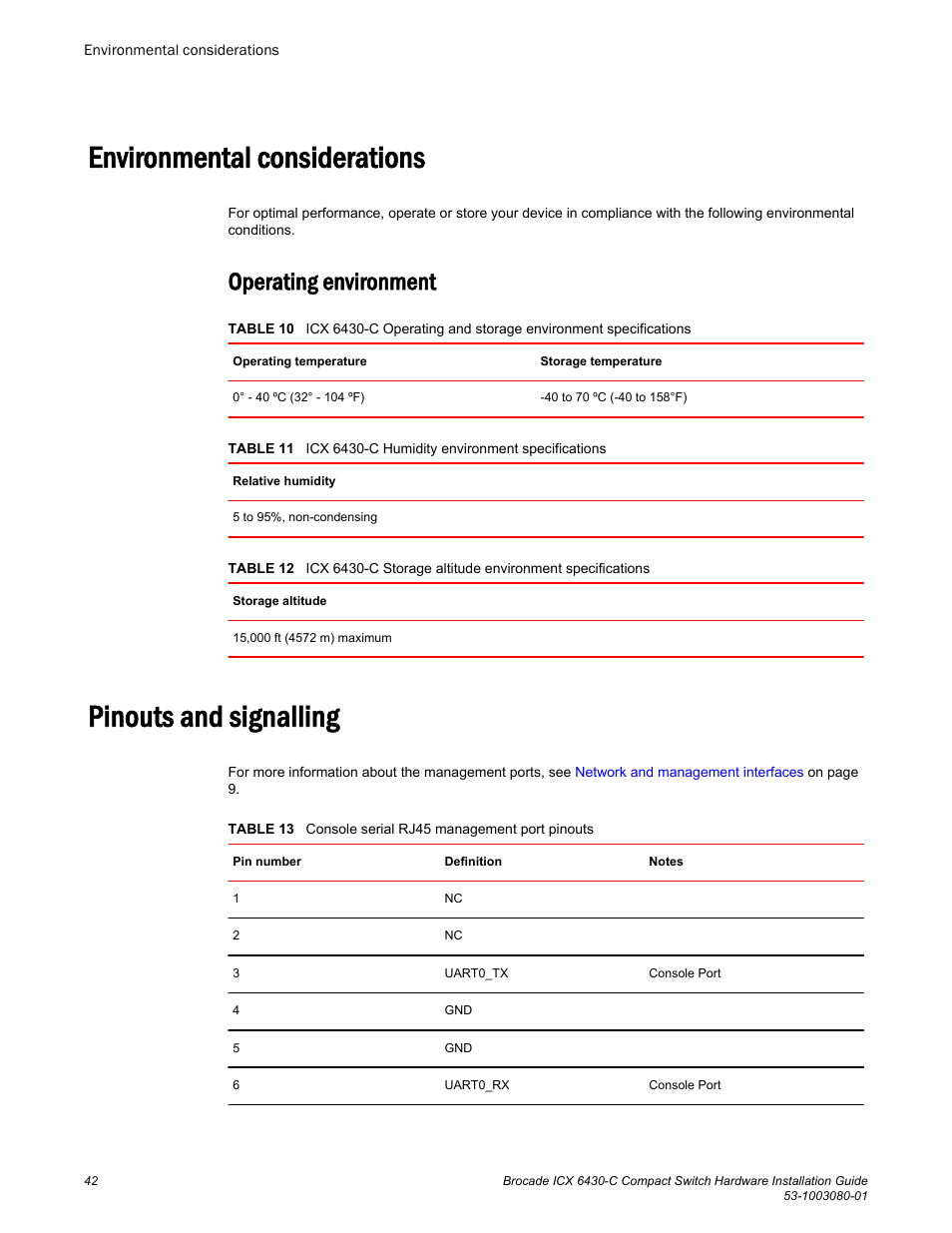 Environmental considerations, Operating environment, Pinouts and signalling | Temperature range. (refer to | Brocade ICX 6430-C Compact Switch Hardware Installation Guide User Manual | Page 44 / 64