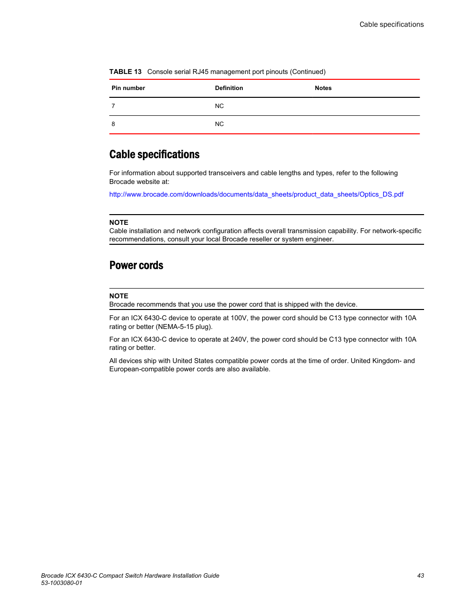 Cable specifications, Power cords, Cable specifications power cords | Brocade ICX 6430-C Compact Switch Hardware Installation Guide User Manual | Page 45 / 64
