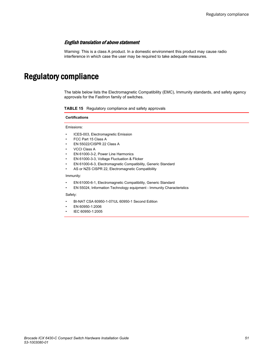 Regulatory compliance, English translation of above statement | Brocade ICX 6430-C Compact Switch Hardware Installation Guide User Manual | Page 53 / 64