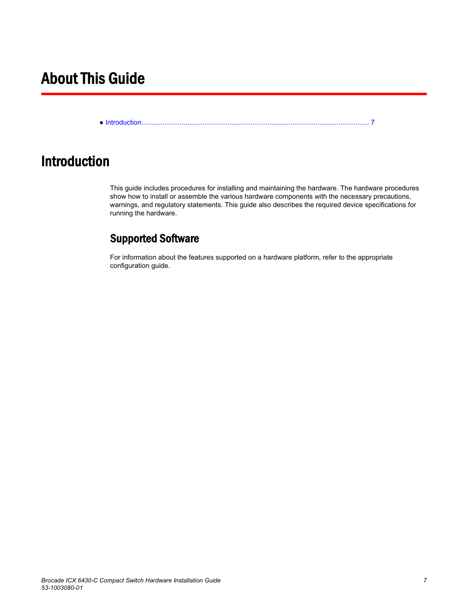 About this guide, Introduction, Supported software | Brocade ICX 6430-C Compact Switch Hardware Installation Guide User Manual | Page 9 / 64