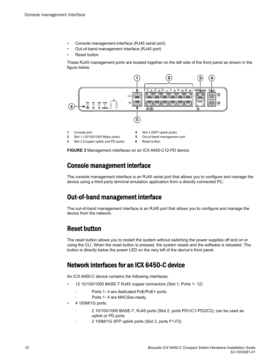 Console management interface, Out-of-band management interface, Reset button | Network interfaces for an icx 6450-c device | Brocade ICX 6450-C Compact Switch Hardware Installation Guide User Manual | Page 12 / 64