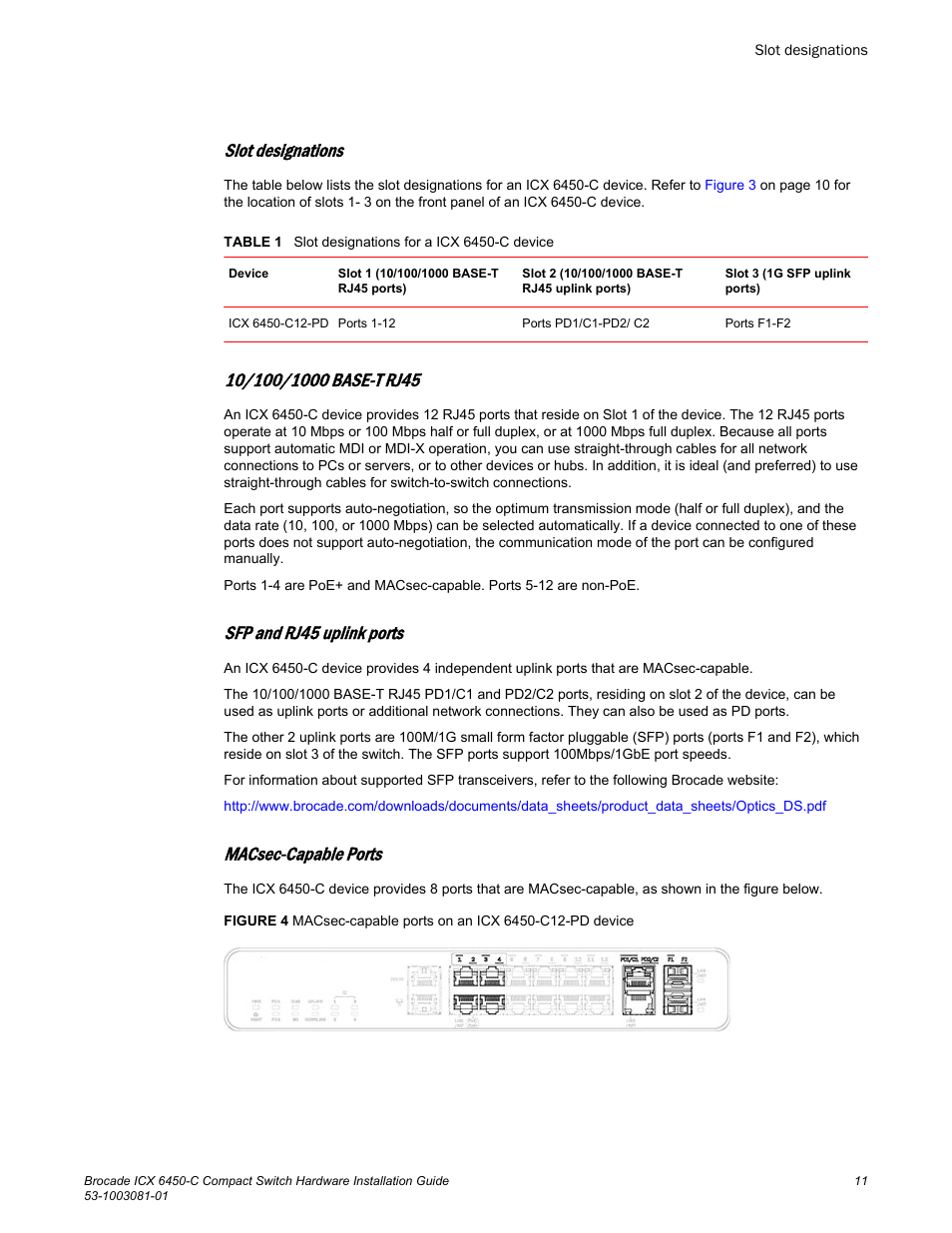 Slot designations, 10/100/1000 base-t rj45, Sfp and rj45 uplink ports | Macsec-capable ports | Brocade ICX 6450-C Compact Switch Hardware Installation Guide User Manual | Page 13 / 64