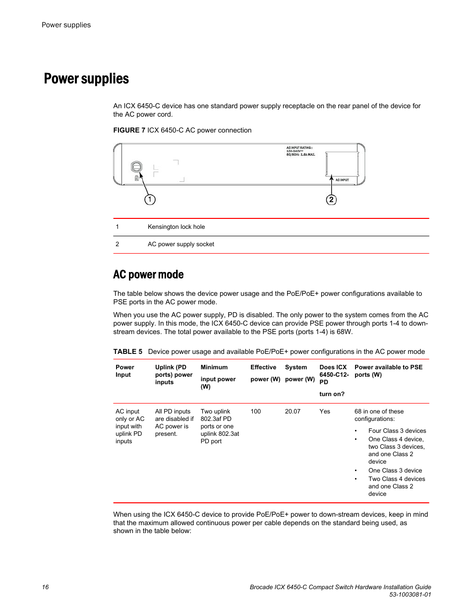 Power supplies, Ac power mode | Brocade ICX 6450-C Compact Switch Hardware Installation Guide User Manual | Page 18 / 64