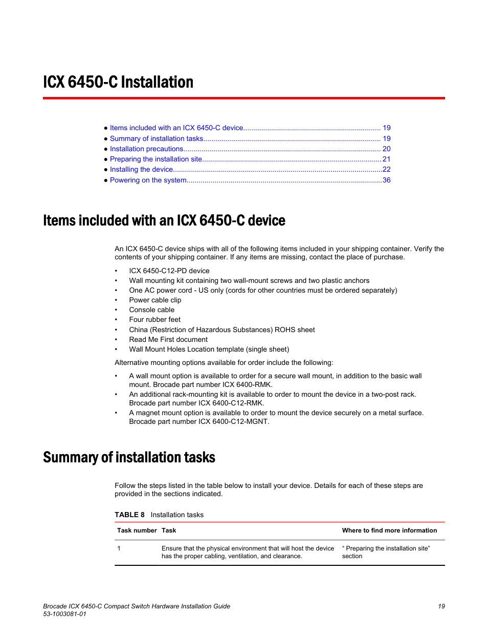 Icx 6450-c installation, Items included with an icx 6450-c device, Summary of installation tasks | Brocade ICX 6450-C Compact Switch Hardware Installation Guide User Manual | Page 21 / 64