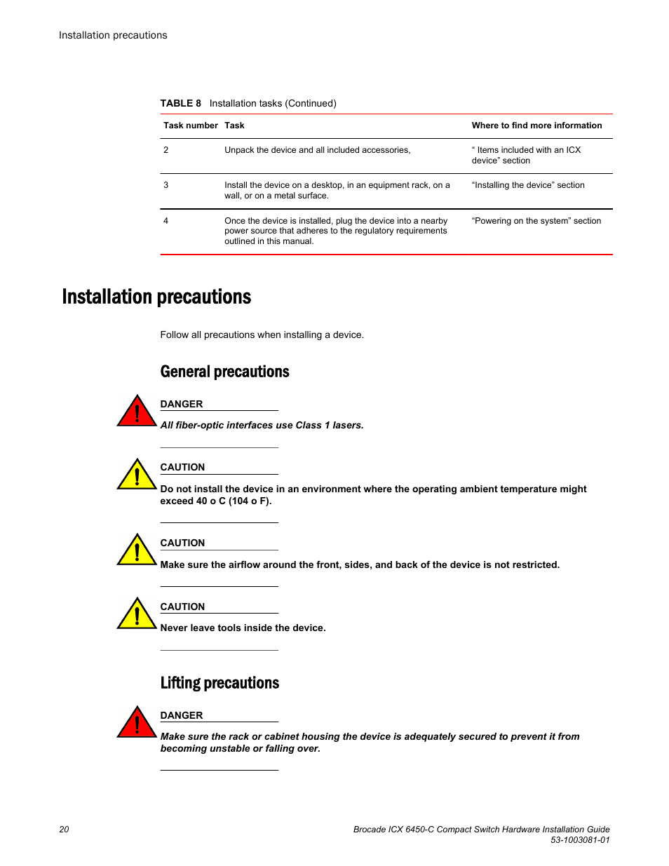 Installation precautions, General precautions, Lifting precautions | General precautions lifting precautions | Brocade ICX 6450-C Compact Switch Hardware Installation Guide User Manual | Page 22 / 64