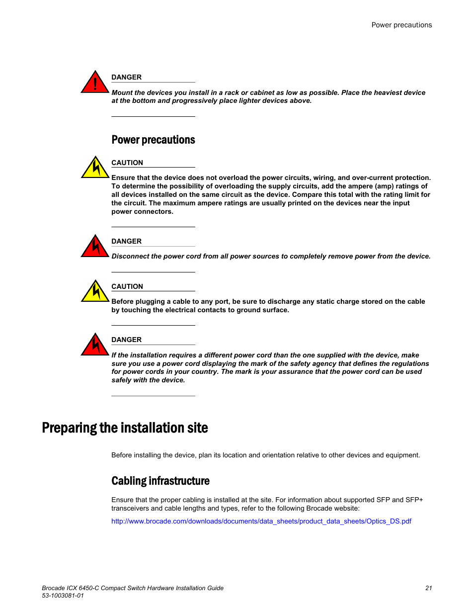 Power precautions, Preparing the installation site, Cabling infrastructure | Brocade ICX 6450-C Compact Switch Hardware Installation Guide User Manual | Page 23 / 64