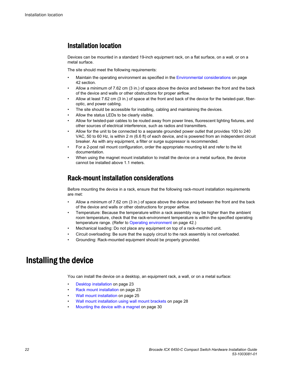 Installation location, Rack-mount installation considerations, Installing the device | Brocade ICX 6450-C Compact Switch Hardware Installation Guide User Manual | Page 24 / 64