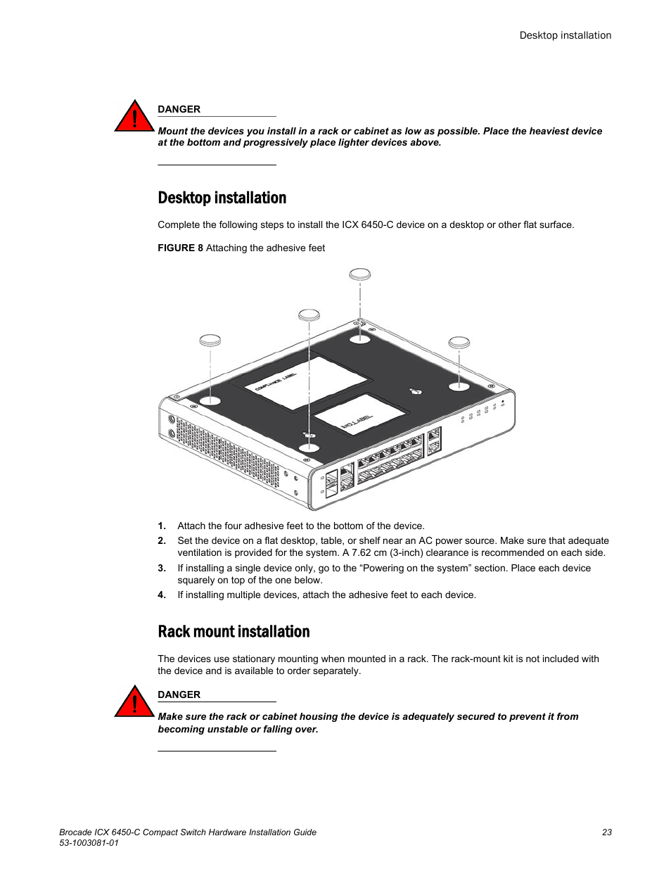 Desktop installation, Rack mount installation, Desktop installation rack mount installation | Brocade ICX 6450-C Compact Switch Hardware Installation Guide User Manual | Page 25 / 64