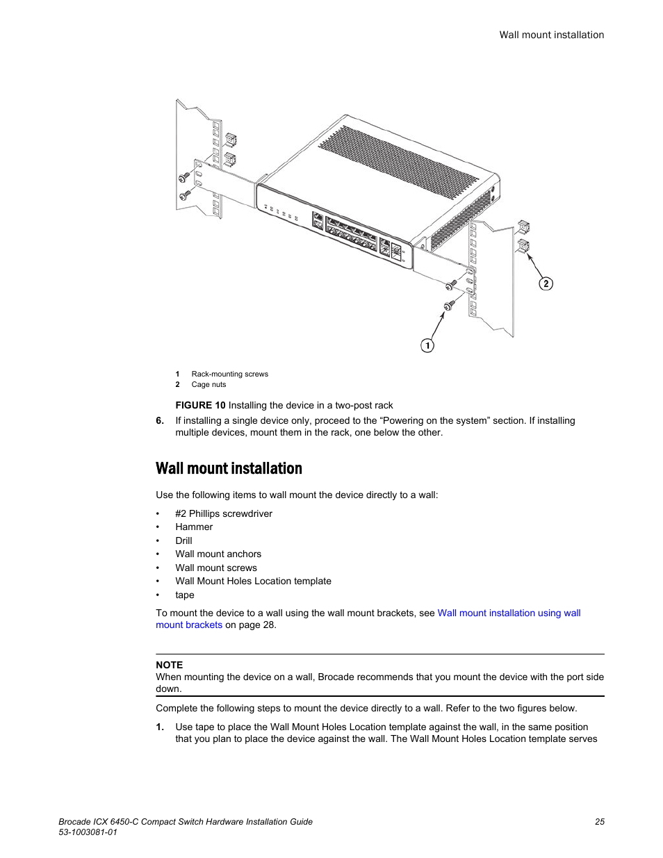 Wall mount installation | Brocade ICX 6450-C Compact Switch Hardware Installation Guide User Manual | Page 27 / 64