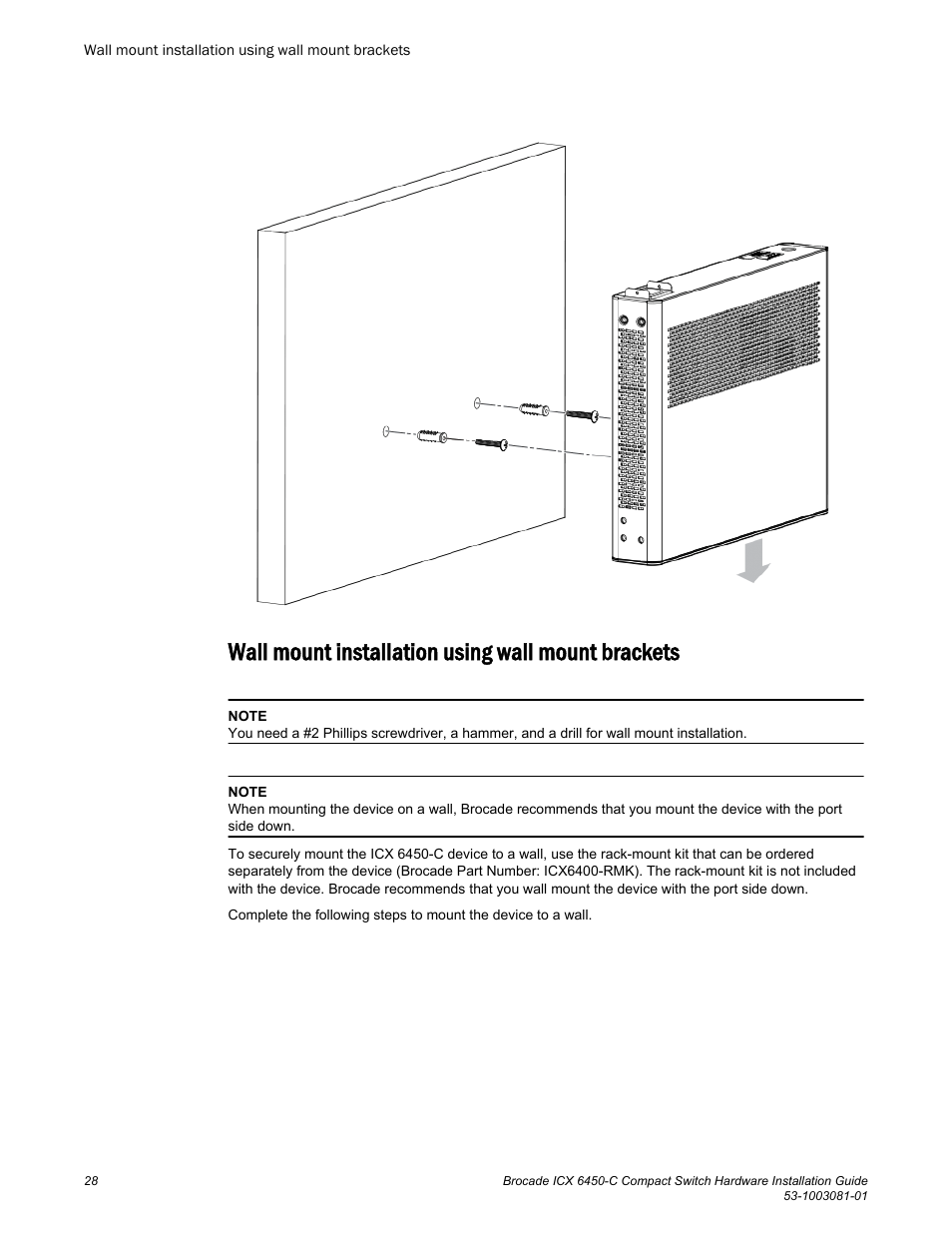 Wall mount installation using wall mount brackets | Brocade ICX 6450-C Compact Switch Hardware Installation Guide User Manual | Page 30 / 64