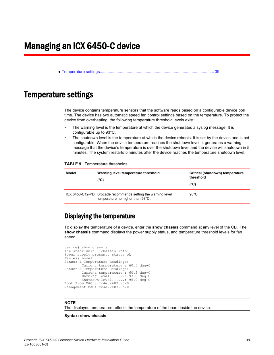 Managing an icx 6450-c device, Temperature settings, Displaying the temperature | Brocade ICX 6450-C Compact Switch Hardware Installation Guide User Manual | Page 41 / 64