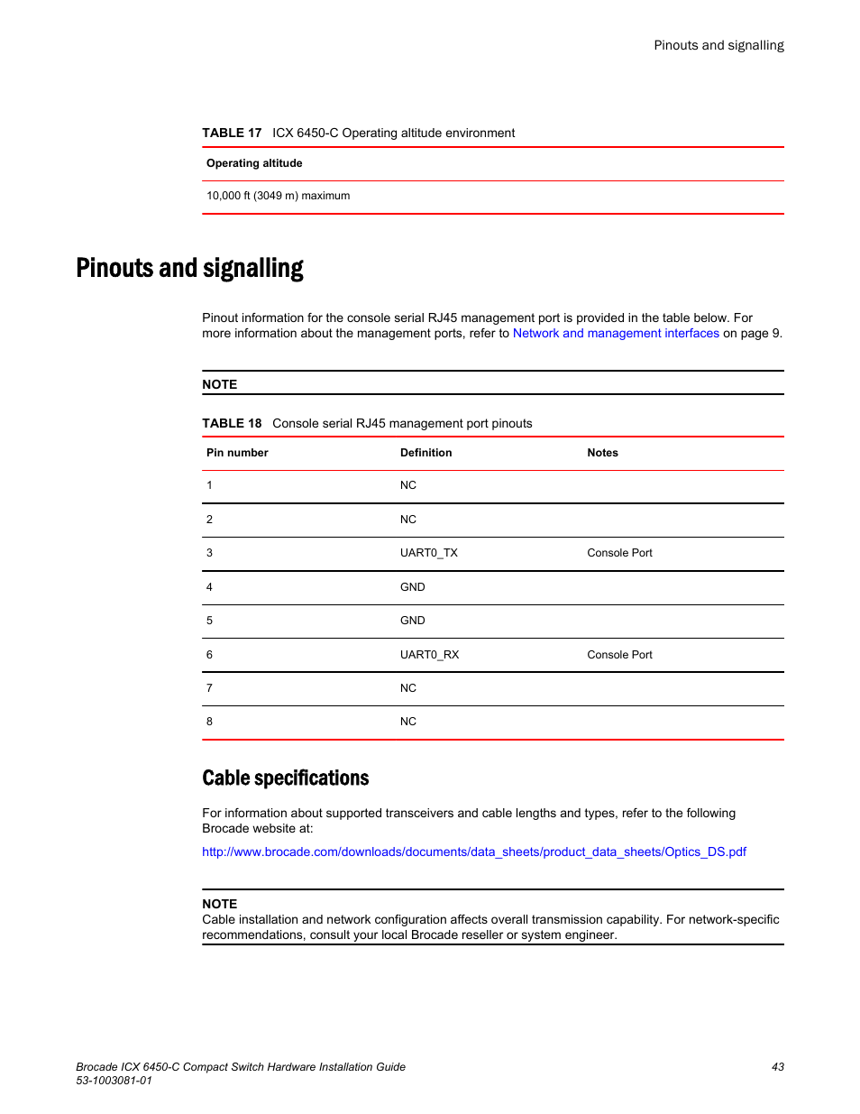 Pinouts and signalling, Cable specifications | Brocade ICX 6450-C Compact Switch Hardware Installation Guide User Manual | Page 45 / 64