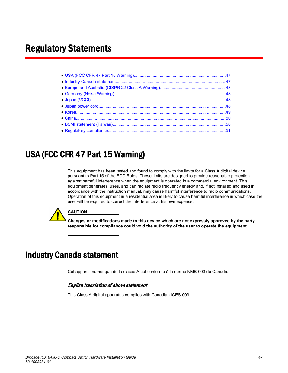 Regulatory statements, Usa (fcc cfr 47 part 15 warning), Industry canada statement | Brocade ICX 6450-C Compact Switch Hardware Installation Guide User Manual | Page 49 / 64