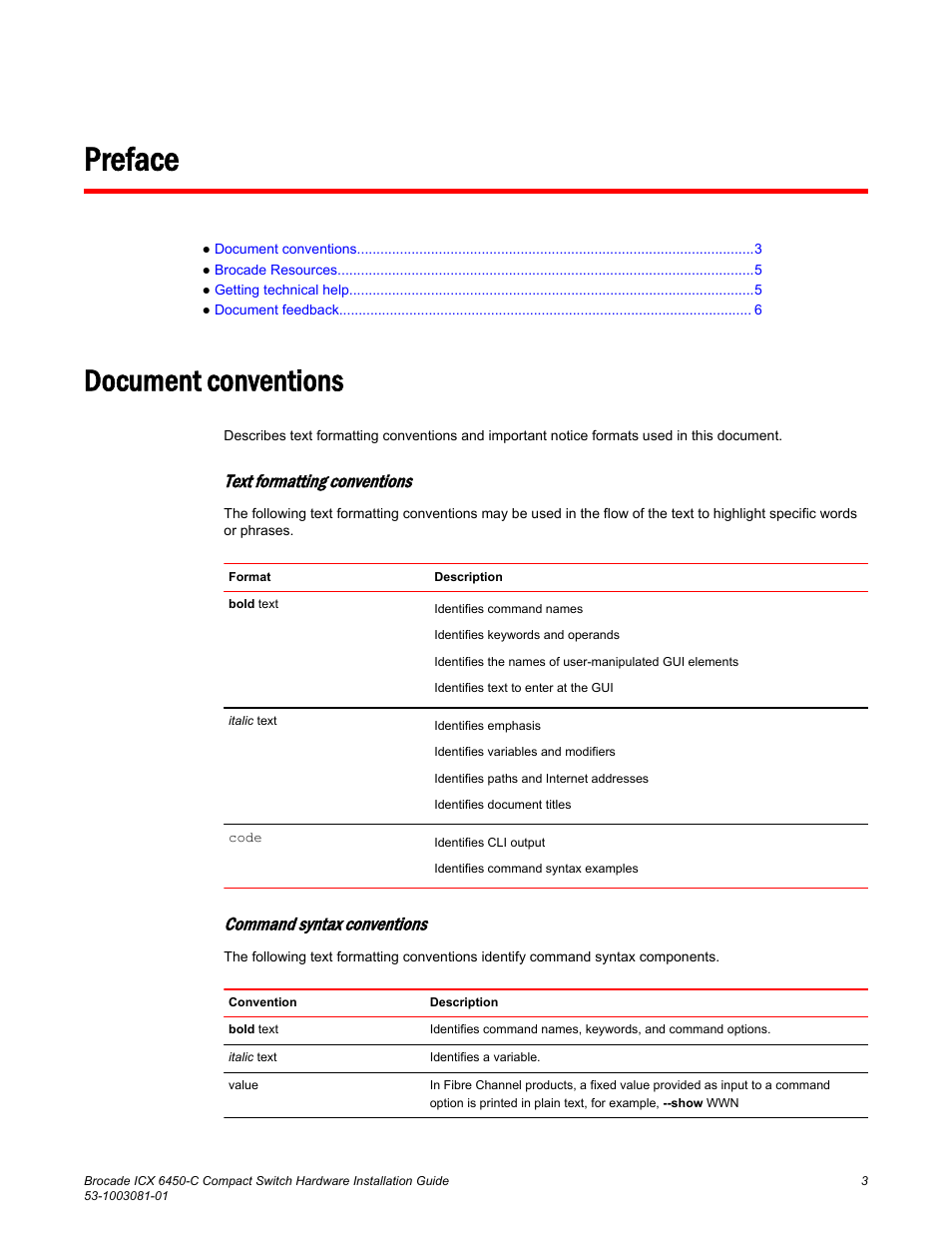 Preface, Document conventions, Text formatting conventions | Command syntax conventions | Brocade ICX 6450-C Compact Switch Hardware Installation Guide User Manual | Page 5 / 64