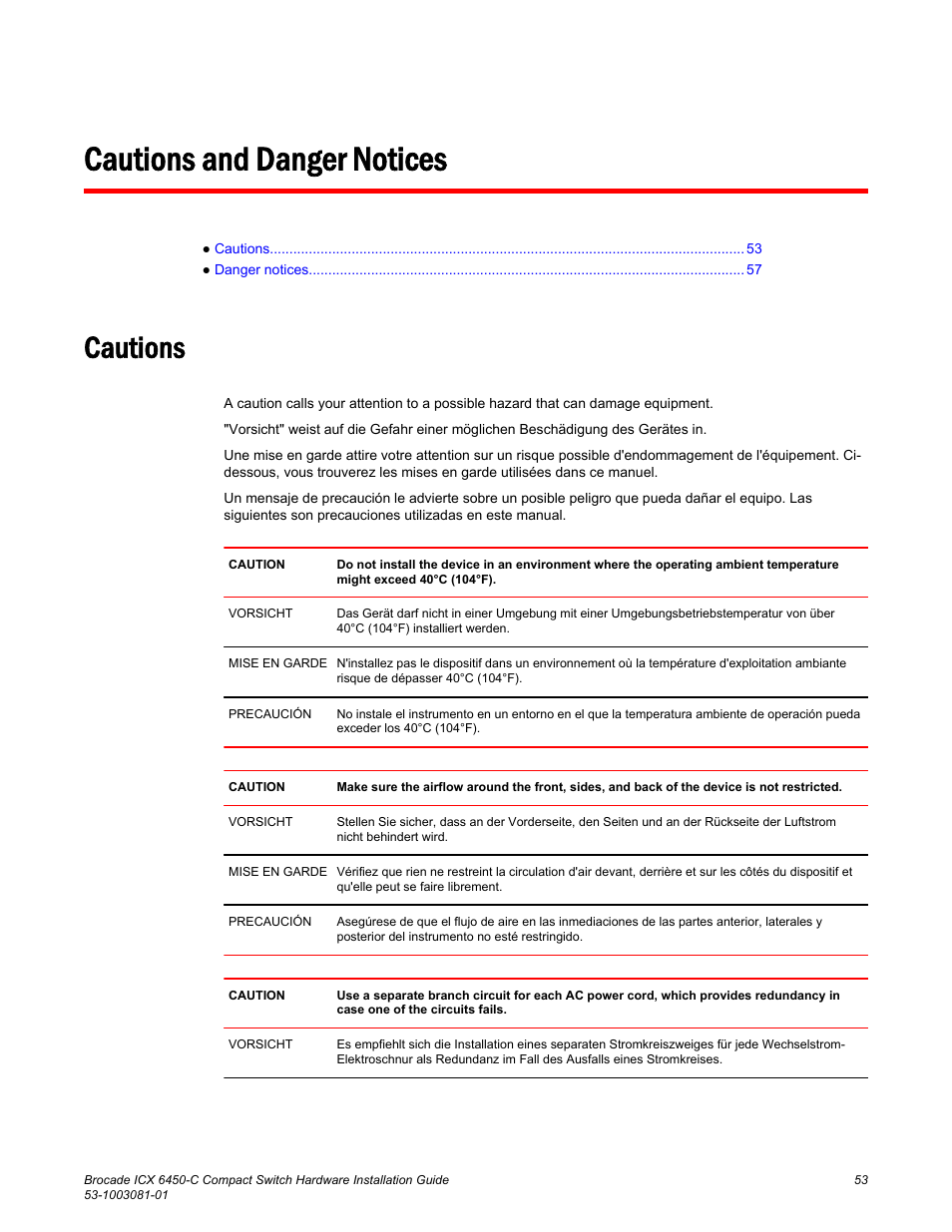 Cautions and danger notices, Cautions | Brocade ICX 6450-C Compact Switch Hardware Installation Guide User Manual | Page 55 / 64