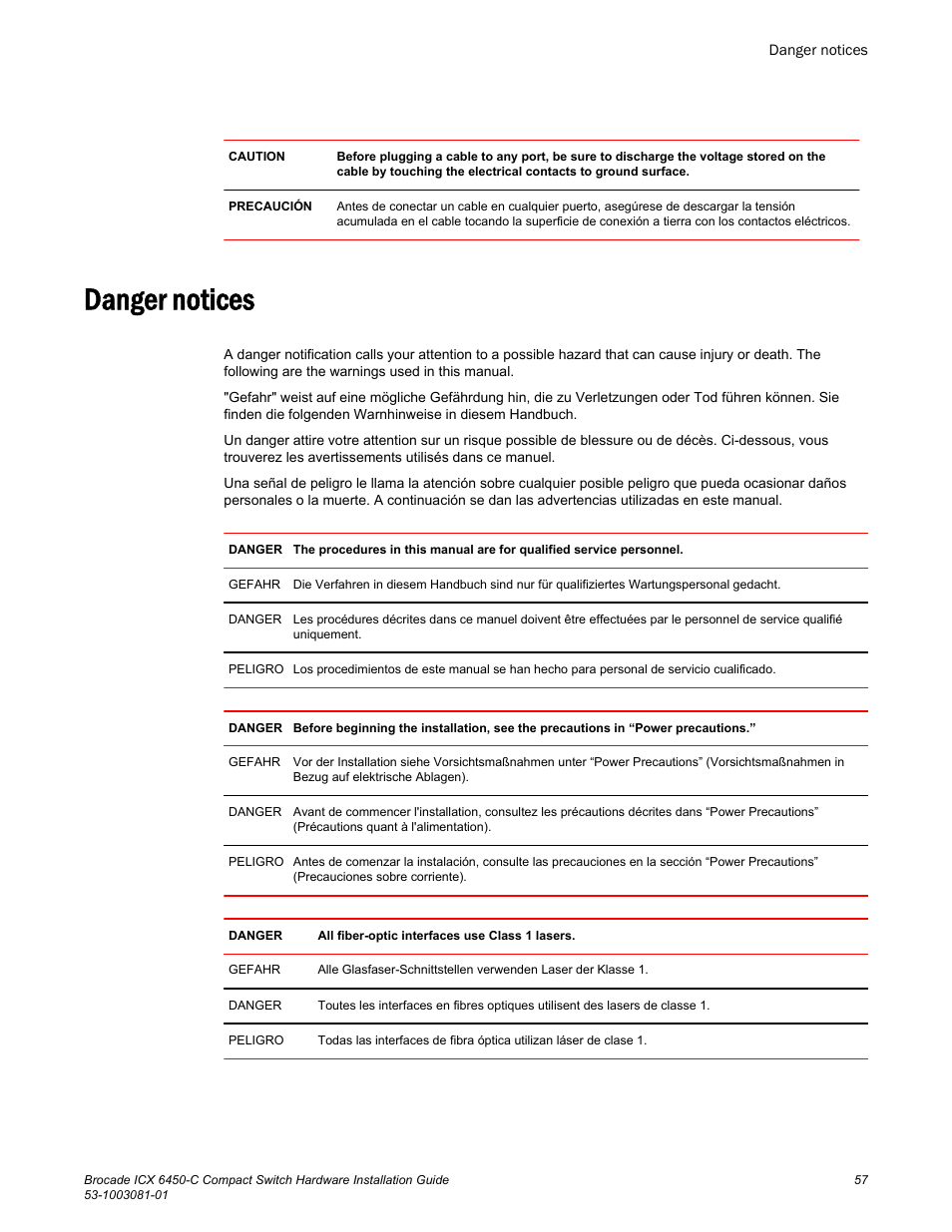 Danger notices | Brocade ICX 6450-C Compact Switch Hardware Installation Guide User Manual | Page 59 / 64