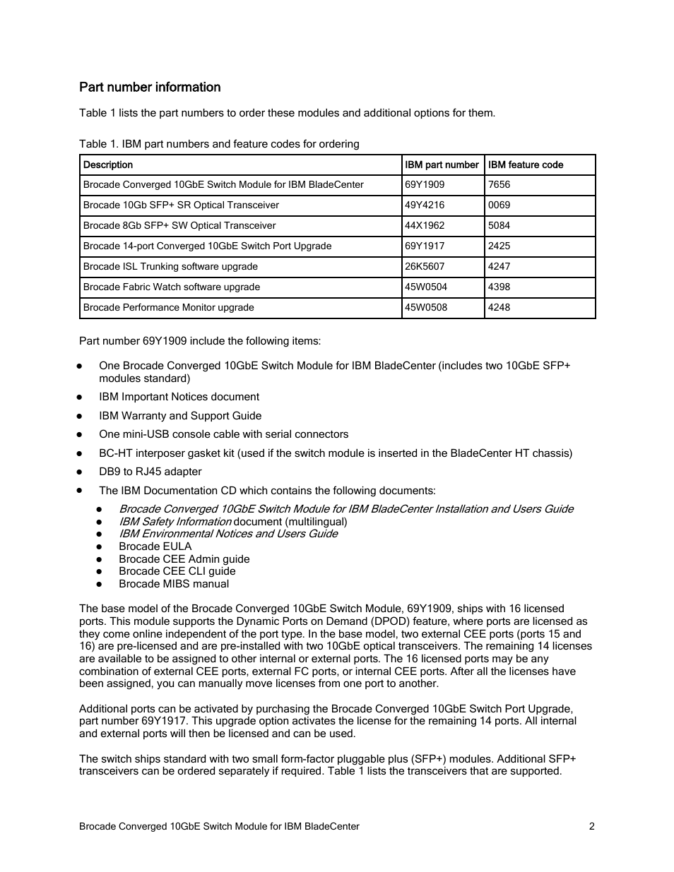 Part number information | Brocade Converged 10GbE Switch Module for IBM BladeCenter IBM BladeCenter at-a-glance guide User Manual | Page 2 / 12