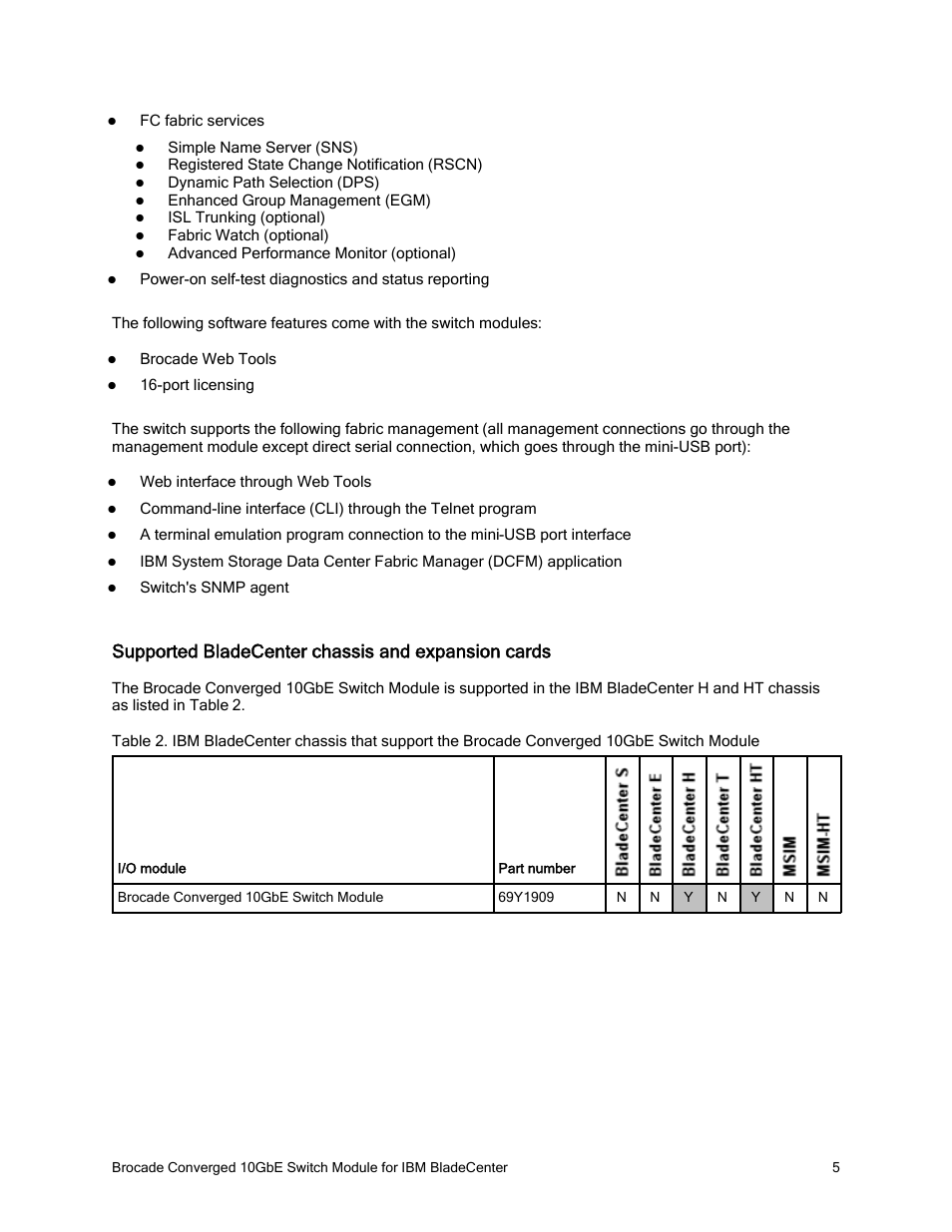 Supported bladecenter chassis and expansion cards | Brocade Converged 10GbE Switch Module for IBM BladeCenter IBM BladeCenter at-a-glance guide User Manual | Page 5 / 12