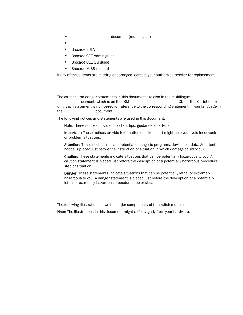 Notices and statements in this document, Major components of the switch module | Brocade FCoE Switch Module for IBM BladeCenter Installation and User’s Guide User Manual | Page 19 / 76