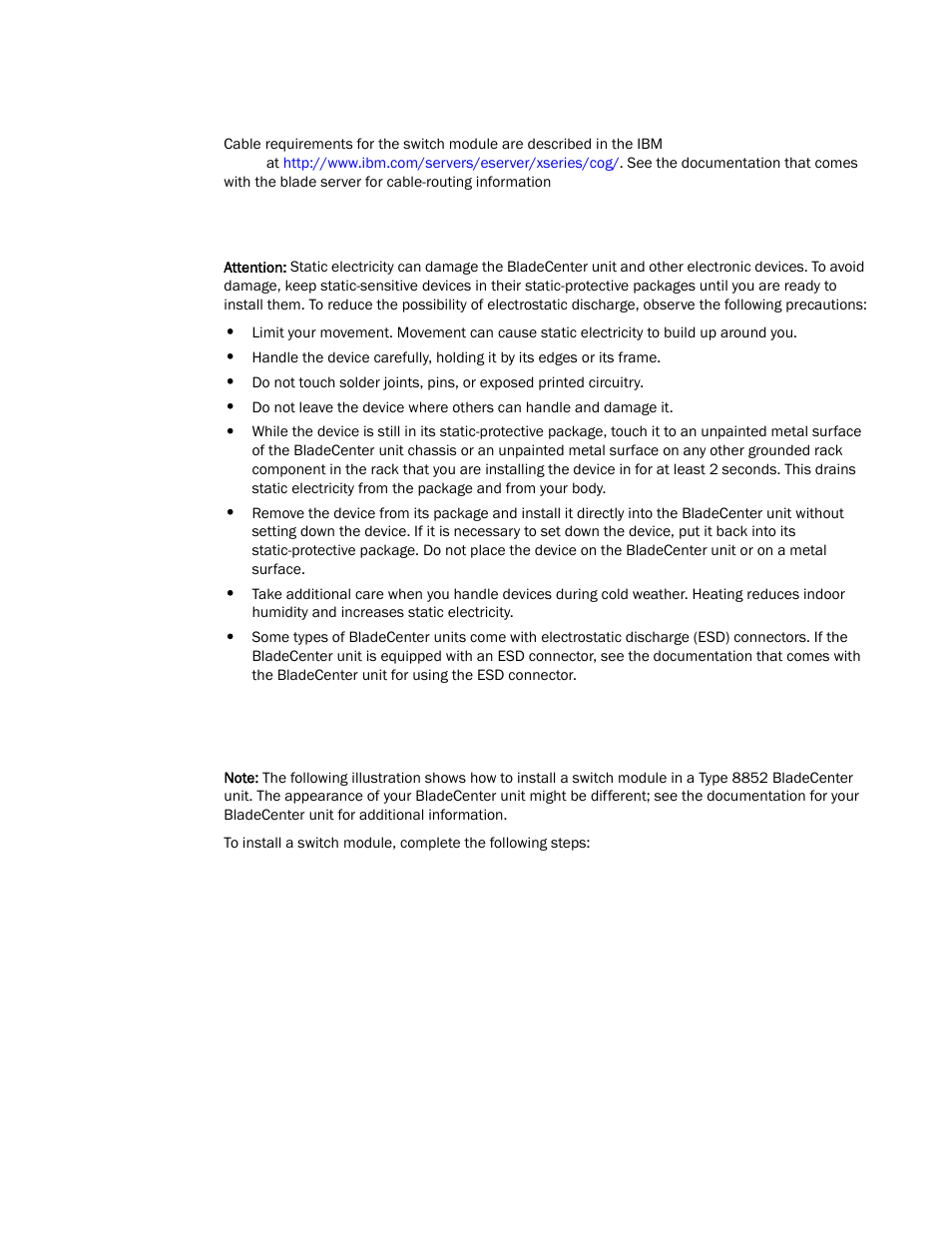 Handling static-sensitive devices, Installing a switch module | Brocade FCoE Switch Module for IBM BladeCenter Installation and User’s Guide User Manual | Page 24 / 76