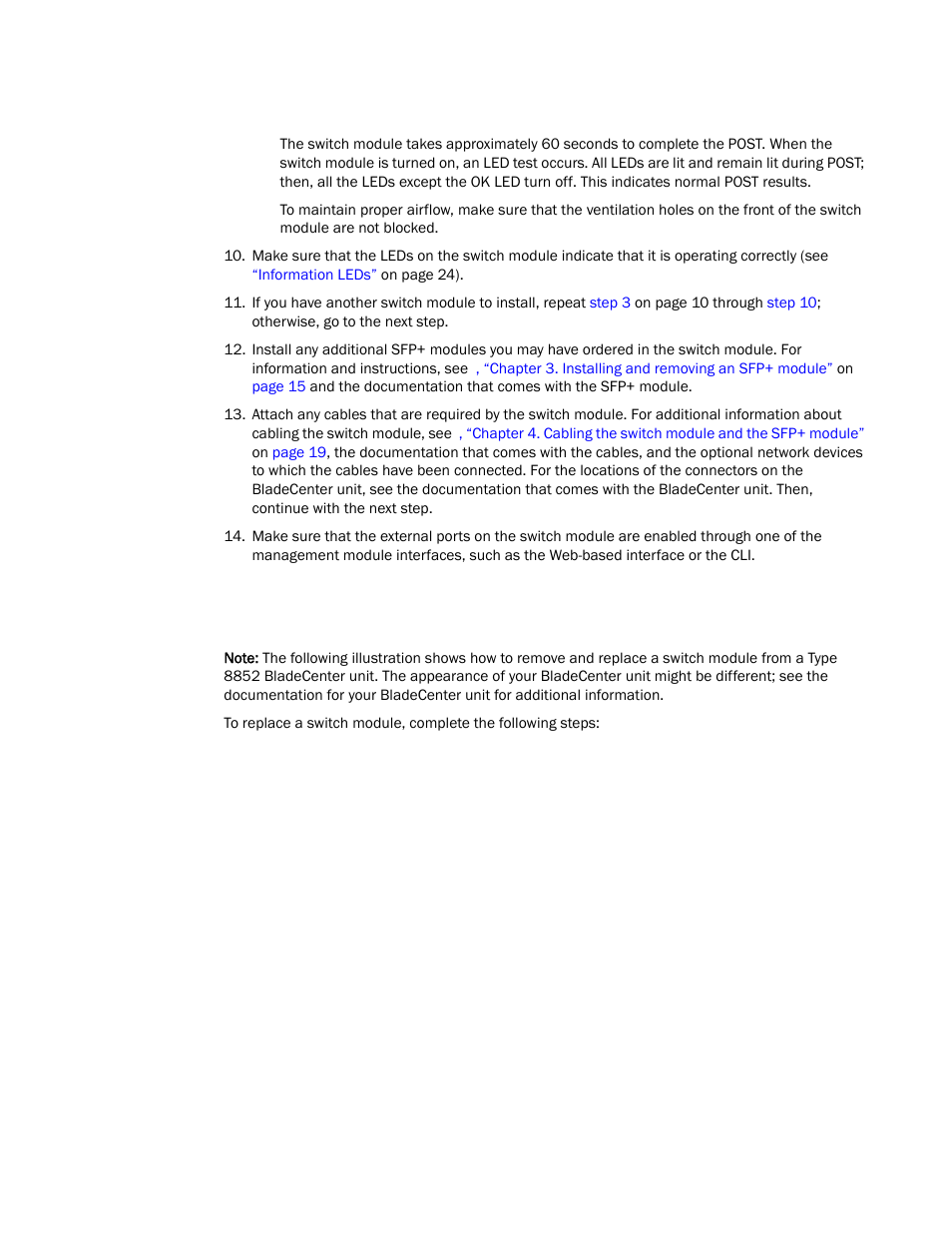 Removing or replacing a switch module | Brocade FCoE Switch Module for IBM BladeCenter Installation and User’s Guide User Manual | Page 26 / 76