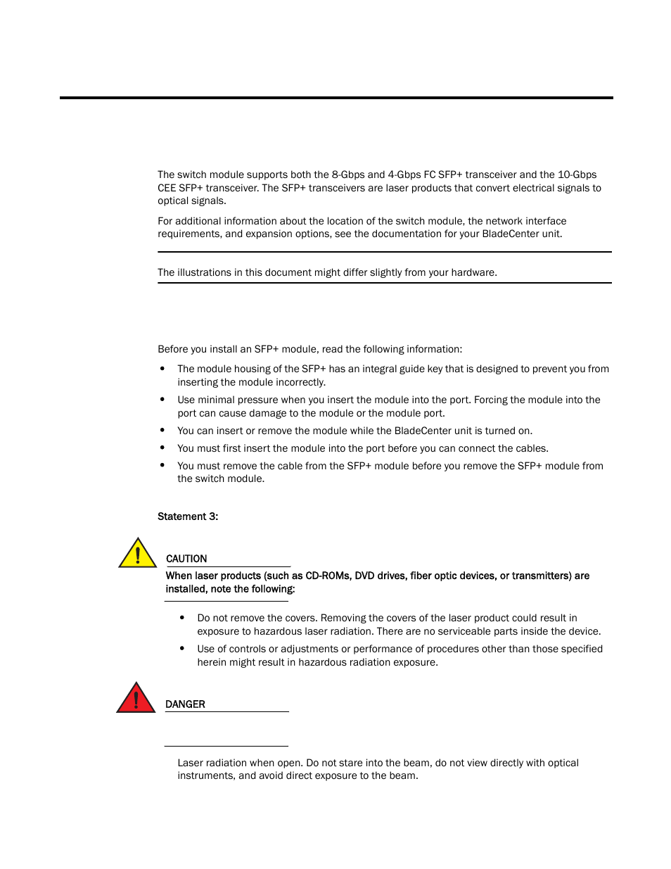 Chapter 3. installing and removing an sfp+ module, Handling an sfp+ module, And the | Brocade FCoE Switch Module for IBM BladeCenter Installation and User’s Guide User Manual | Page 29 / 76