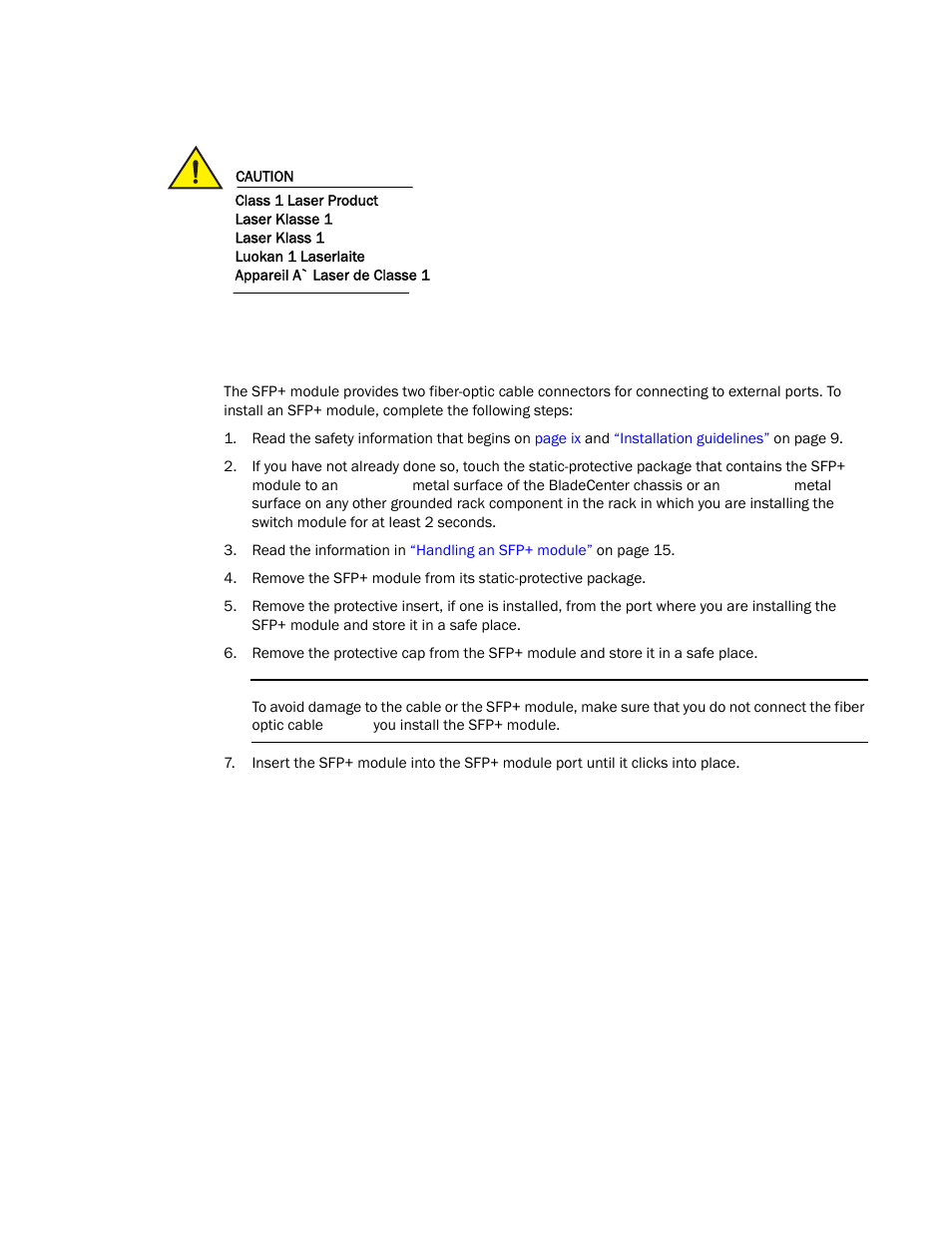 Installing an sfp+ module | Brocade FCoE Switch Module for IBM BladeCenter Installation and User’s Guide User Manual | Page 30 / 76