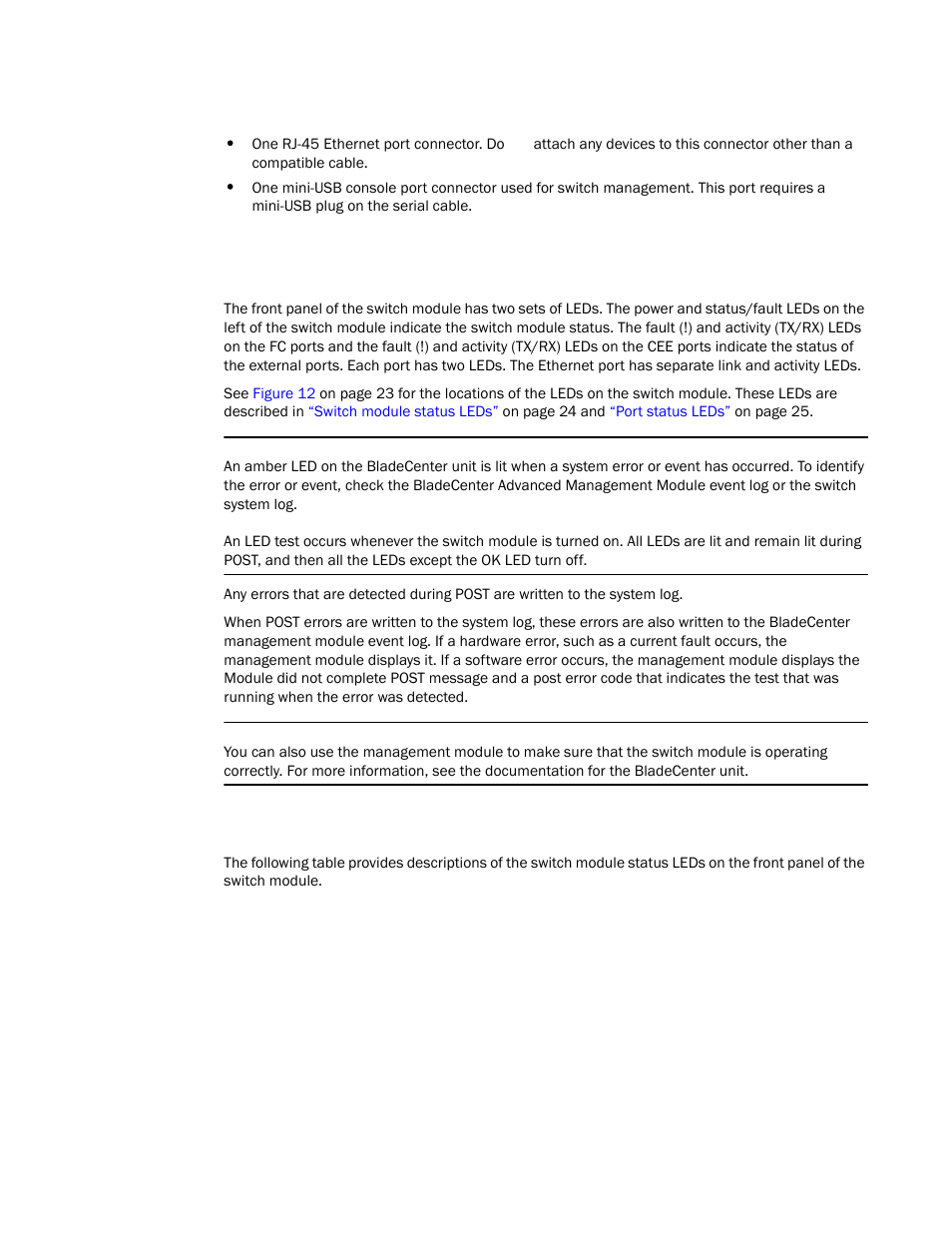 Information leds, Switch module status leds | Brocade FCoE Switch Module for IBM BladeCenter Installation and User’s Guide User Manual | Page 38 / 76