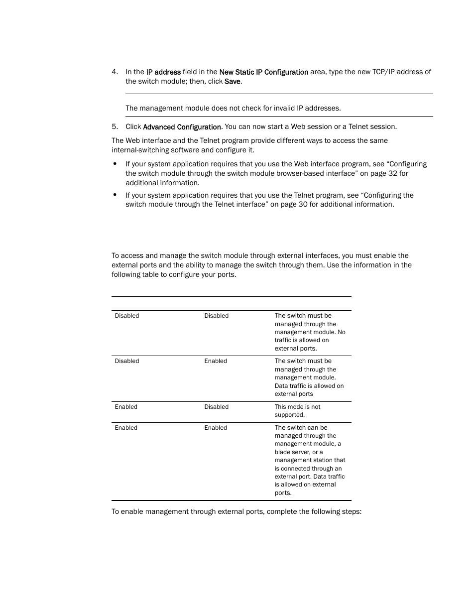 Enabling management through external ports | Brocade FCoE Switch Module for IBM BladeCenter Installation and User’s Guide User Manual | Page 43 / 76