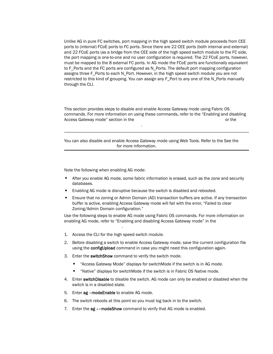 Disabling and enabling access gateway mode, Enabling access gateway mode | Brocade FCoE Switch Module for IBM BladeCenter Installation and User’s Guide User Manual | Page 50 / 76