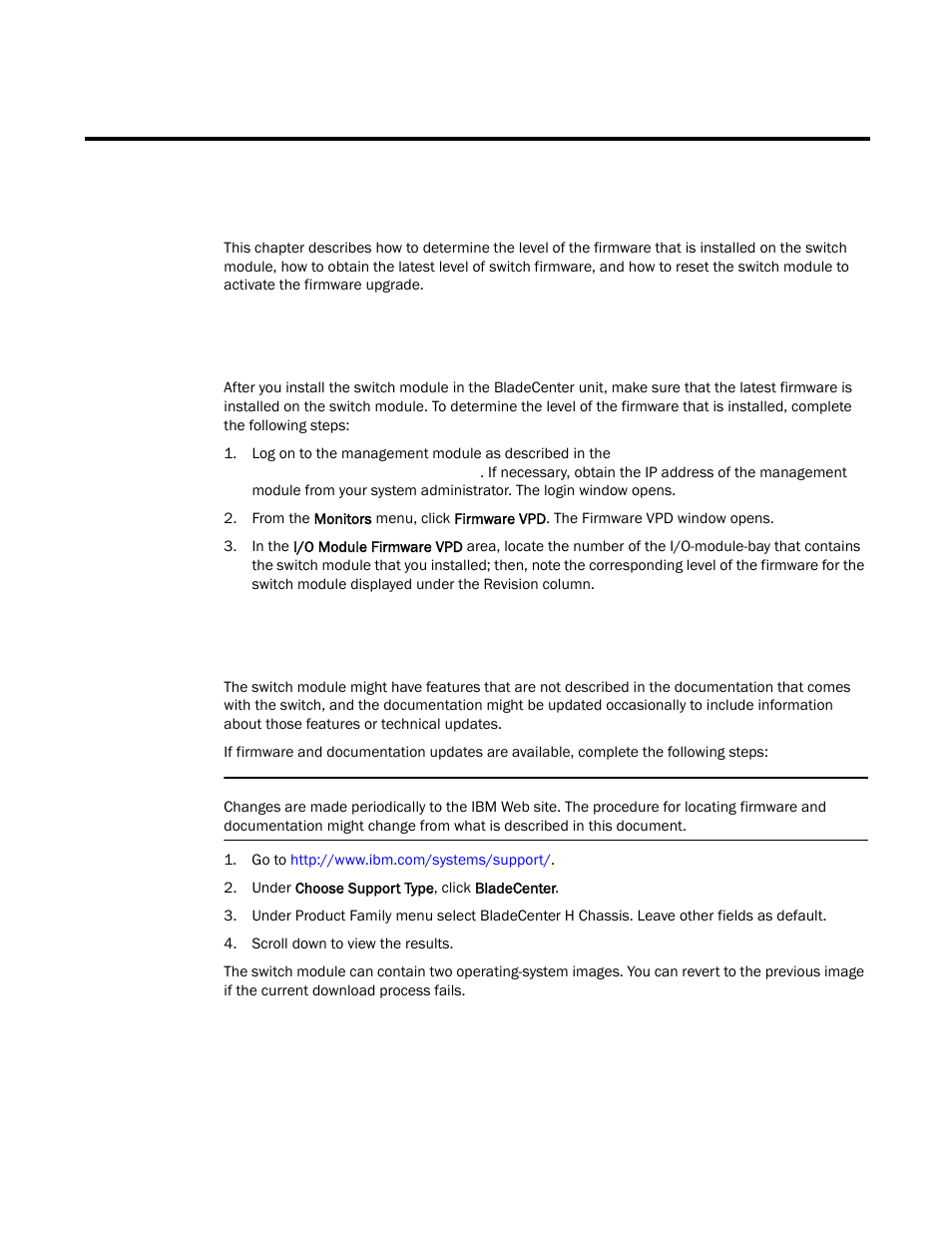 Chapter 8. updating the firmware, Determining the level of switch module firmware, Obtaining the latest level of switch firmware | Brocade FCoE Switch Module for IBM BladeCenter Installation and User’s Guide User Manual | Page 53 / 76