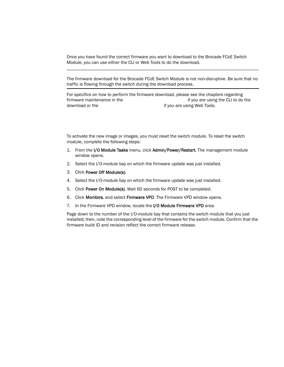 Downloading the firmware, Resetting and restarting the switch module | Brocade FCoE Switch Module for IBM BladeCenter Installation and User’s Guide User Manual | Page 54 / 76