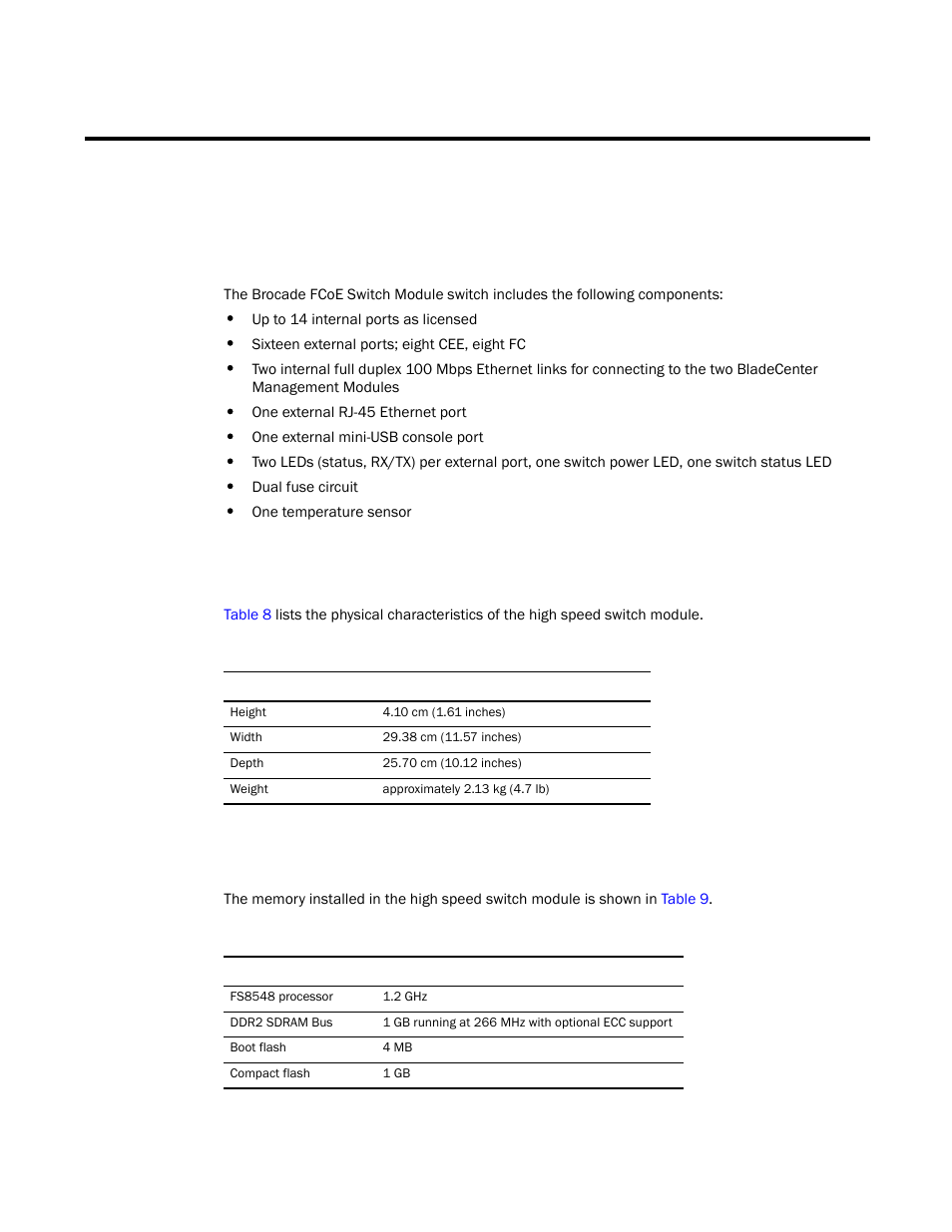 Appendix c. product specifications, Switch components, Weight and physical dimensions | High speed switch module memory | Brocade FCoE Switch Module for IBM BladeCenter Installation and User’s Guide User Manual | Page 67 / 76