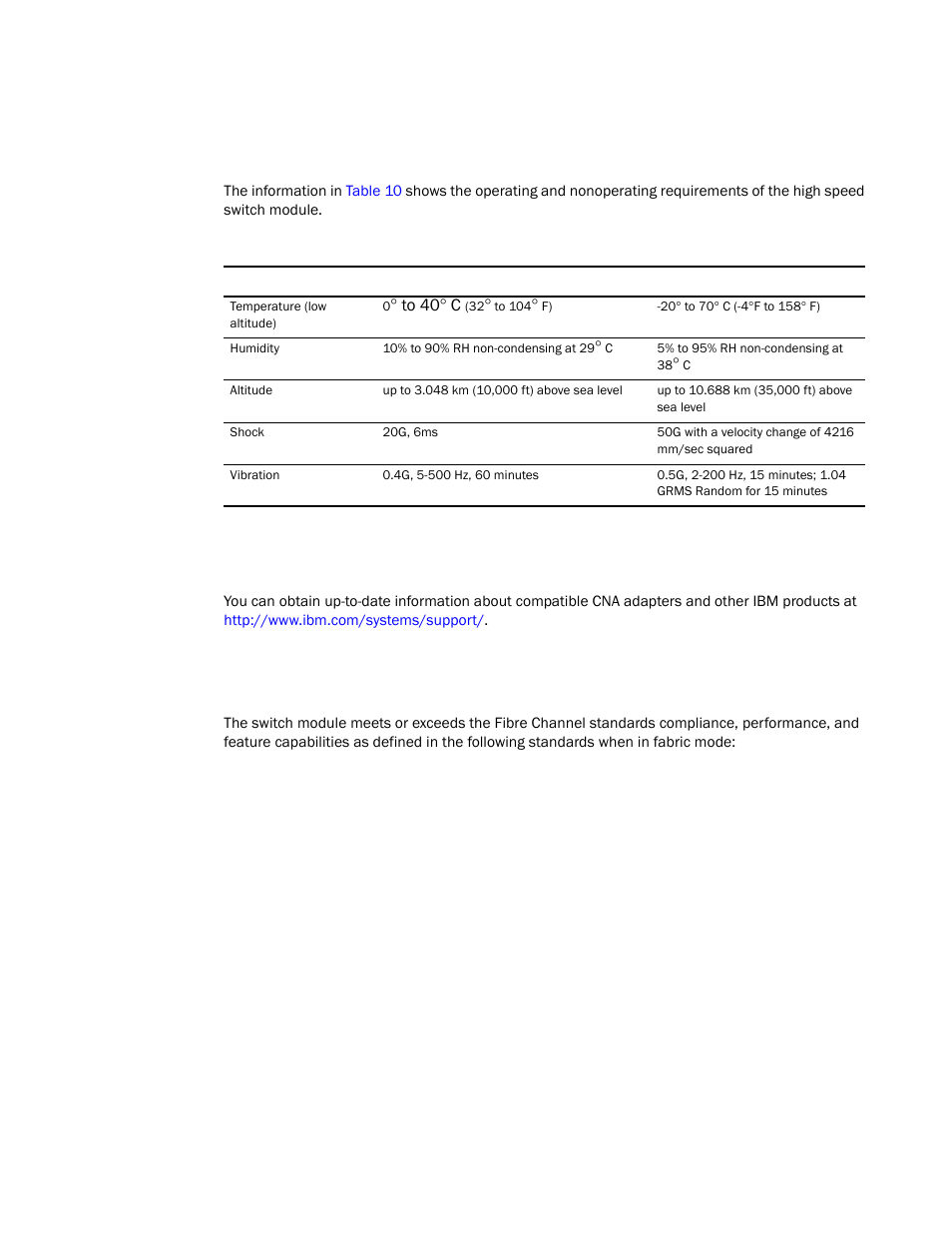 Environmental requirements, Cna support, Fibre channel standards compliance | Brocade FCoE Switch Module for IBM BladeCenter Installation and User’s Guide User Manual | Page 68 / 76