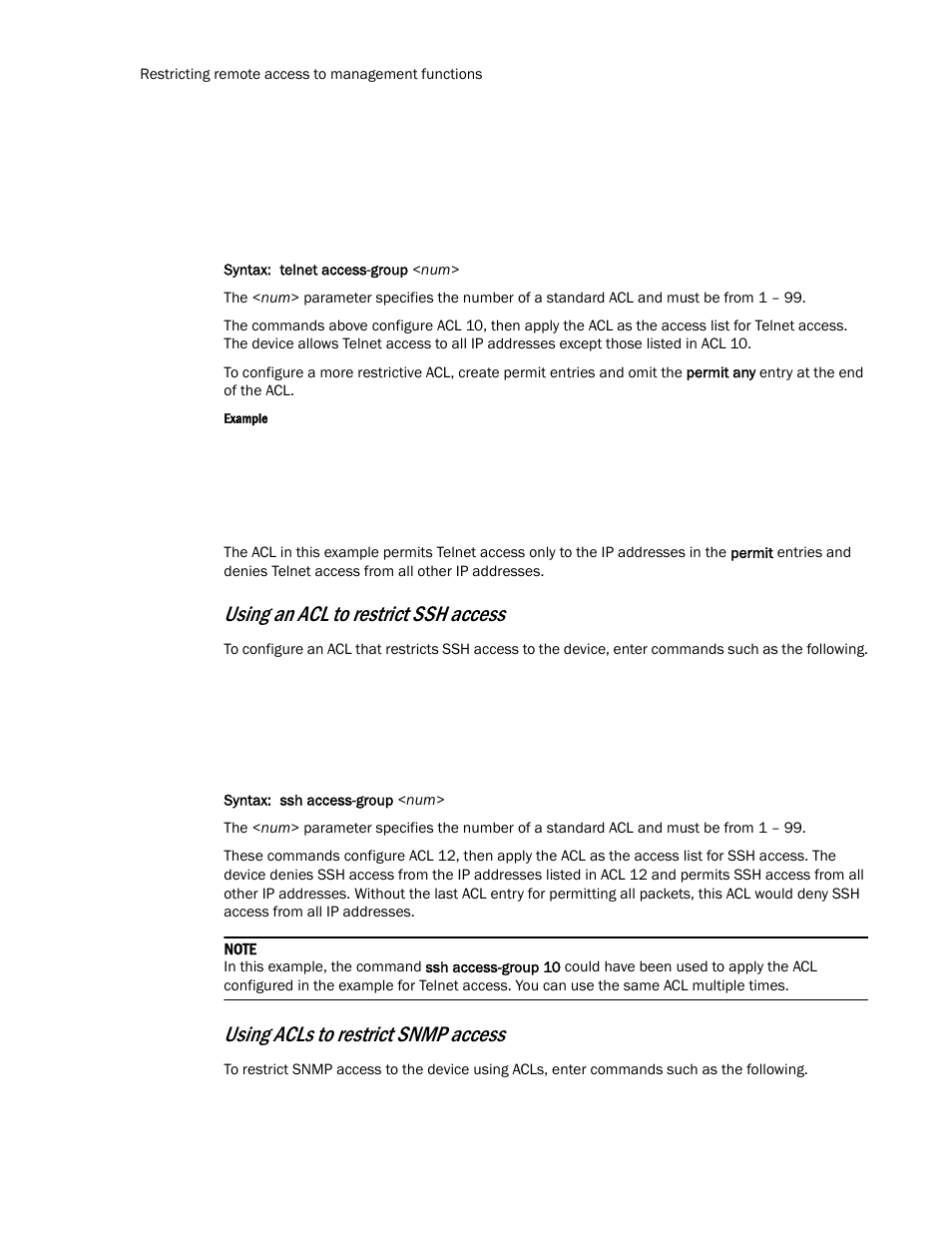 Using an acl to restrict ssh access, Using acls to restrict snmp access | Brocade TurboIron 24X Series Configuration Guide User Manual | Page 100 / 1116