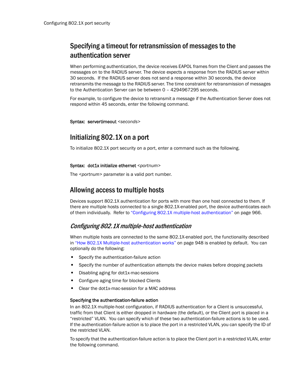 Initializing 802.1x on a port, Allowing access to multiple hosts, Configuring 802.1x multiple-host authentication | Brocade TurboIron 24X Series Configuration Guide User Manual | Page 1000 / 1116