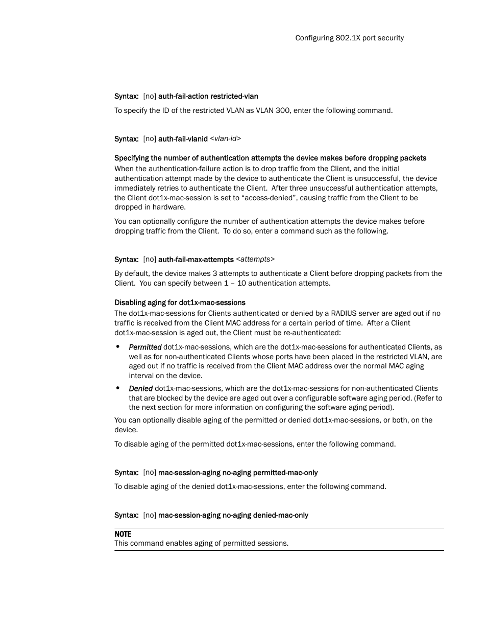 Dropping packets, Disabling, Aging for dot1x-mac-sessions | Brocade TurboIron 24X Series Configuration Guide User Manual | Page 1001 / 1116