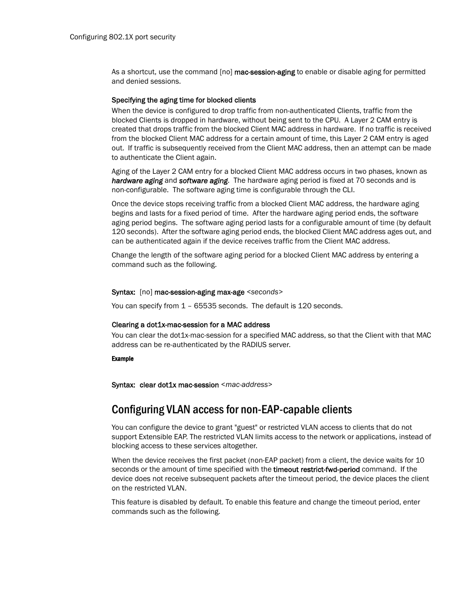 Clearing a dot1x-mac-session for a mac address | Brocade TurboIron 24X Series Configuration Guide User Manual | Page 1002 / 1116