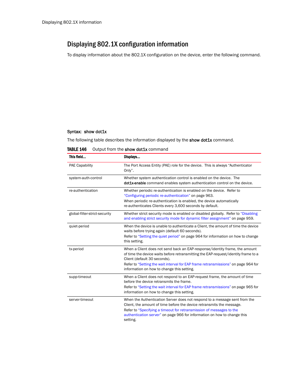 Displaying 802.1x configuration information | Brocade TurboIron 24X Series Configuration Guide User Manual | Page 1004 / 1116